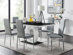 Furniturebox Giovani Rectangular 6 Seat White High Gloss Unique Halo Dining Table Black Glass Top 6 Grey Faux Leather Silver Leg Milan Chairs