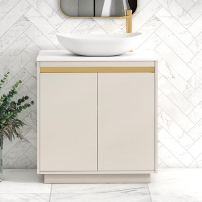 Royal Bathrooms Orion 800mm Warm Taupe Floor Standing Plain White Countertop Vanity Unit 2 Door With Cesar Basin & Brushed Brass Accent Trim - image 1