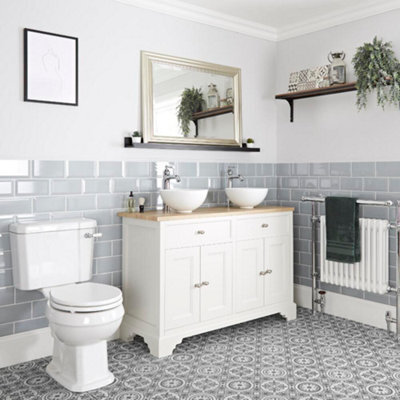 Homestylestore 1210mm Antique White Bathroom Vanity Unit With 2 Countertop Basins And Close Coupled Toilet Pan, Seat And Cistern - image 1