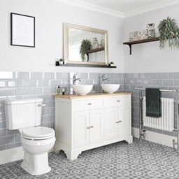 Homestylestore 1210mm Antique White Bathroom Vanity Unit With 2 Countertop Basins And Close Coupled Toilet Pan, Seat And Cistern - thumbnail 1