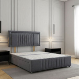 REGIONAL FURNISHINGS Steel Plush Velvet Upholstered Divan Bed Set 24Inch Headboard & Footboard 2Drawers Footend & No Mattress In 4Ft 4Ft6 5Ft 6Ft