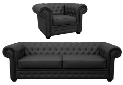 Venus Chesterfield Style Sofa 3 Seater + Armchair Black Faux Leather - image 1