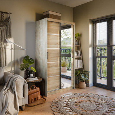 Arte Verona 02 Contemporary 2 Mirrored Sliding Door Wardrobe 5 Shelves 2 Rails Oak Sonoma Effect (H)2000mm (W)1000mm (D)620mm - image 1