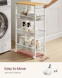 Songmics Vasagle Storage Cart, 4-Tier, Space-Saving Rolling Trolley, Metal, Handle, Trolley For Small Spaces, Oak And White - thumbnail 4