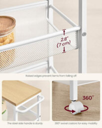 Songmics Vasagle Storage Cart, 4-Tier, Space-Saving Rolling Trolley, Metal, Handle, Trolley For Small Spaces, Oak And White - thumbnail 5