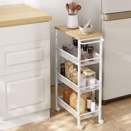 Songmics Vasagle Storage Cart, 4-Tier, Space-Saving Rolling Trolley, Metal, Handle, Trolley For Small Spaces, Oak And White