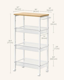 Songmics Vasagle Storage Cart, 4-Tier, Space-Saving Rolling Trolley, Metal, Handle, Trolley For Small Spaces, Oak And White - thumbnail 2