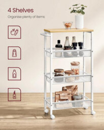 Songmics Vasagle Storage Cart, 4-Tier, Space-Saving Rolling Trolley, Metal, Handle, Trolley For Small Spaces, Oak And White - thumbnail 3