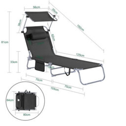 Sobuy Ogs48-Sch, Folding Chair Sun Lounger With Adjustable Sun Shade And Backrest, Black,w193Xd55.5Xh103 - thumbnail 3