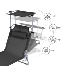 Sobuy Ogs48-Sch, Folding Chair Sun Lounger With Adjustable Sun Shade And Backrest, Black,w193Xd55.5Xh103 - thumbnail 4