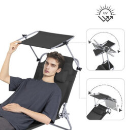 Sobuy Ogs48-Sch, Folding Chair Sun Lounger With Adjustable Sun Shade And Backrest, Black,w193Xd55.5Xh103 - thumbnail 5