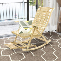 Fativo  Widen Backrest 54Cmw Folding Rocking Chair Bamboo Indoor Outdoor Furniture W/retractable Footrest Brown