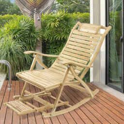 Fativo  Widen Backrest 54Cmw Folding Rocking Chair Bamboo Indoor Outdoor Furniture W/retractable Footrest Brown - thumbnail 7