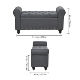 Linen Fabric Grey Bench Bed End Window Seat Ottoman Storage Stool - thumbnail 3