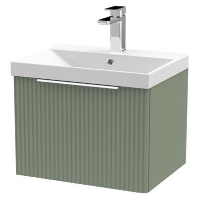 Balterley Tixall Fluted 1 Drawer Wall Hung Vanity Unit With Thin Edge Basin, Satin Green, 500mm - image 1