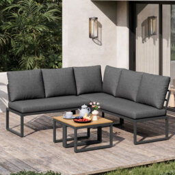 Btm 4-5 Seater Garden Set, Convertible Plastic Wood Tables, Adjustable Corner Sofa, Weatherproof, Grey - thumbnail 6