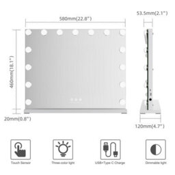 Fascinate Pro-Studio Hollywood Mirror 15 Led White Tempered Glass Usb-C Charging Bathroom & Vanity Mirror Wall Mounted 58X48Cm - thumbnail 8