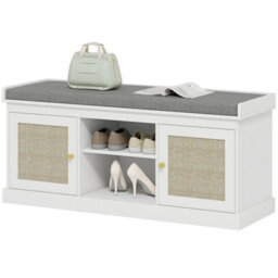Shoe Bench, Boho Shoe Storage Bench With Padded Cushion, White - thumbnail 1