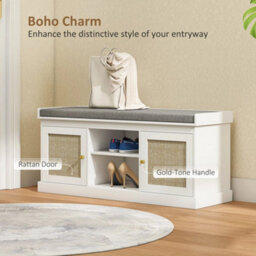 Shoe Bench, Boho Shoe Storage Bench With Padded Cushion, White - thumbnail 3