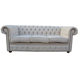 Chesterfield Original 3 Seater Sofa Settee Zoe Plain Parchment Cream Fabric In Classic Style - thumbnail 2