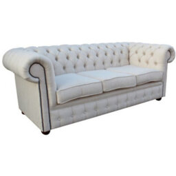 Chesterfield Original 3 Seater Sofa Settee Zoe Plain Parchment Cream Fabric In Classic Style - thumbnail 3