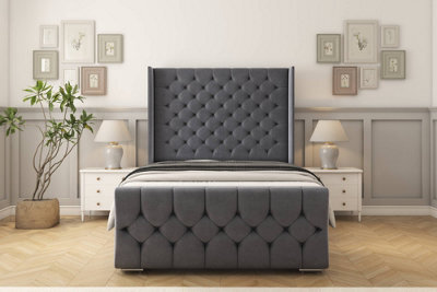 "Sloomy Luthor Steel Plush Bed Frame With 50""  Upholstered Wingback Headboard 4'6 Double" - image 1