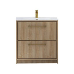Royal Bathrooms Livora 800mm Natural Oak Floor Standing Bathroom Vanity Unit 2 Drawer With Ceramic Basin & Brushed Brass Handle - thumbnail 5