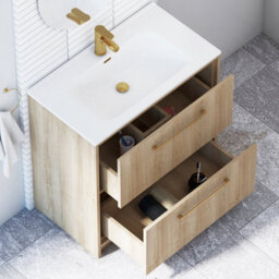 Royal Bathrooms Livora 800mm Natural Oak Floor Standing Bathroom Vanity Unit 2 Drawer With Ceramic Basin & Brushed Brass Handle - thumbnail 4