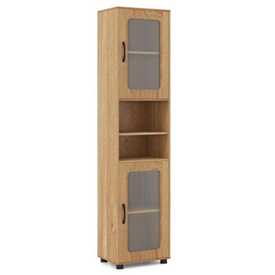 Tall Bathroom Storage Cabinet 170 Cm Natural Slim Cupboard With Fluted Doors - image 1