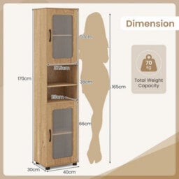 Tall Bathroom Storage Cabinet 170 Cm Natural Slim Cupboard With Fluted Doors - thumbnail 2