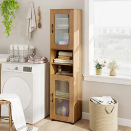 Tall Bathroom Storage Cabinet 170 Cm Natural Slim Cupboard With Fluted Doors - thumbnail 3