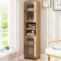 Tall Bathroom Storage Cabinet 170 Cm Natural Slim Cupboard With Fluted Doors - thumbnail 4