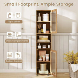 Tall Bathroom Storage Cabinet 170 Cm Natural Slim Cupboard With Fluted Doors - thumbnail 6