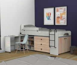 Plush Furniture Delphin White & Natural Oak Children's Modular Loft Bed With Desk And Drawers Built In - thumbnail 2