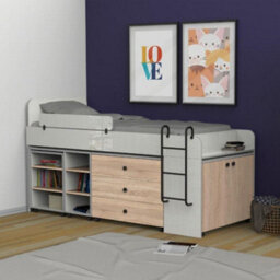 Plush Furniture Delphin White & Natural Oak Children's Modular Loft Bed With Desk And Drawers Built In - thumbnail 1