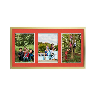 AK Frames 40X20Cm Gold Sleek Multi Photo Frame With Poppy Red Mount - Holds 3 Apertures (3X) 6X4 Photos - image 1