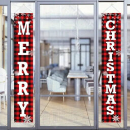 Amorly 3Pcs Christmas Front Porch Decor Set, Red Black Buffalo Plaid Door Banner With Hanging Merry Christmas Wreath For Yard And Outdoor - thumbnail 3