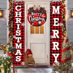 Amorly 3Pcs Christmas Front Porch Decor Set, Red Black Buffalo Plaid Door Banner With Hanging Merry Christmas Wreath For Yard And Outdoor - thumbnail 1