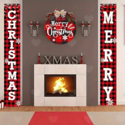 Amorly 3Pcs Christmas Front Porch Decor Set, Red Black Buffalo Plaid Door Banner With Hanging Merry Christmas Wreath For Yard And Outdoor - thumbnail 4