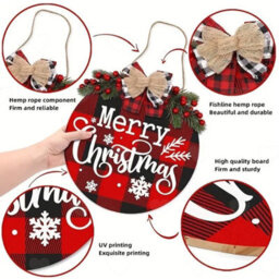 Amorly 3Pcs Christmas Front Porch Decor Set, Red Black Buffalo Plaid Door Banner With Hanging Merry Christmas Wreath For Yard And Outdoor - thumbnail 6