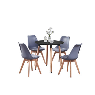 Life Interiors 5Pcs Dining Set - A Black Round Dining Table & Set Of 4 Grey Lorenzo Tulip Chairs With Padded Seat - image 1