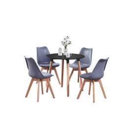 Life Interiors 5Pcs Dining Set - A Black Round Dining Table & Set Of 4 Grey Lorenzo Tulip Chairs With Padded Seat - thumbnail 1