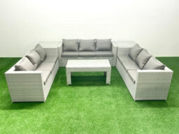 Fimous Rattan Garden Outdoor Furniture Set 9 Seater Garden Sofa Oblong Coffee Table Set 2 Side Tables Light Grey - thumbnail 2