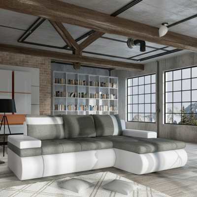 Oslo Mini Living Room Corner Sofa Bed With Storage Hr Foam Wave Springs Wooden Frame 245X182X90Cm Grey And White Right - image 1