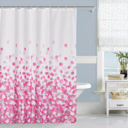 Neel Blue Pink Petals Polyester Shower Curtain, Water-Resistant Bathroom Curtain With 12 Hooks - 180X180Cm