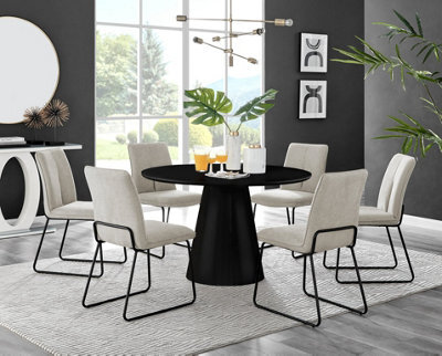 Furniturebox Uk Palma Black Semi-Gloss Round Pedestal Dining Table & 6 Taupe Fabric Halley Black Leg Chairs - image 1