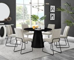 Furniturebox Uk Palma Black Semi-Gloss Round Pedestal Dining Table & 6 Taupe Fabric Halley Black Leg Chairs