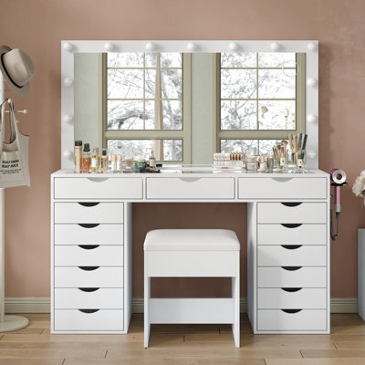 Fusou White Dressing Table With Led Mirror, Vanity Table With Power Outlet, 13 Lights, 3 Colour Modes, Glass Top - image 1