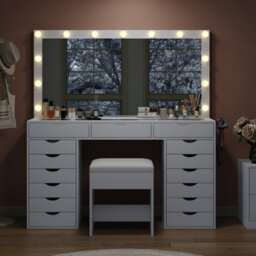 Fusou White Dressing Table With Led Mirror, Vanity Table With Power Outlet, 13 Lights, 3 Colour Modes, Glass Top - thumbnail 8