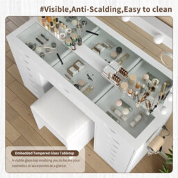 Fusou White Dressing Table With Led Mirror, Vanity Table With Power Outlet, 13 Lights, 3 Colour Modes, Glass Top - thumbnail 3